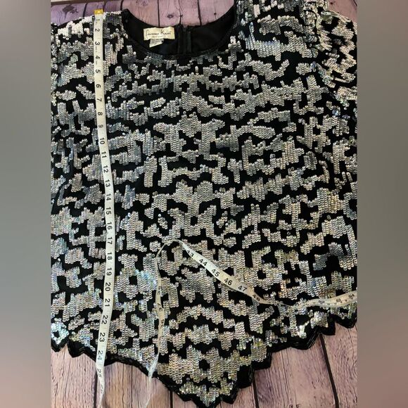 VINTAGE Laurence Kazar 80s Silk Glam Beaded Sequin Mob Wife Art Deco Top 2X - Picture 7 of 10